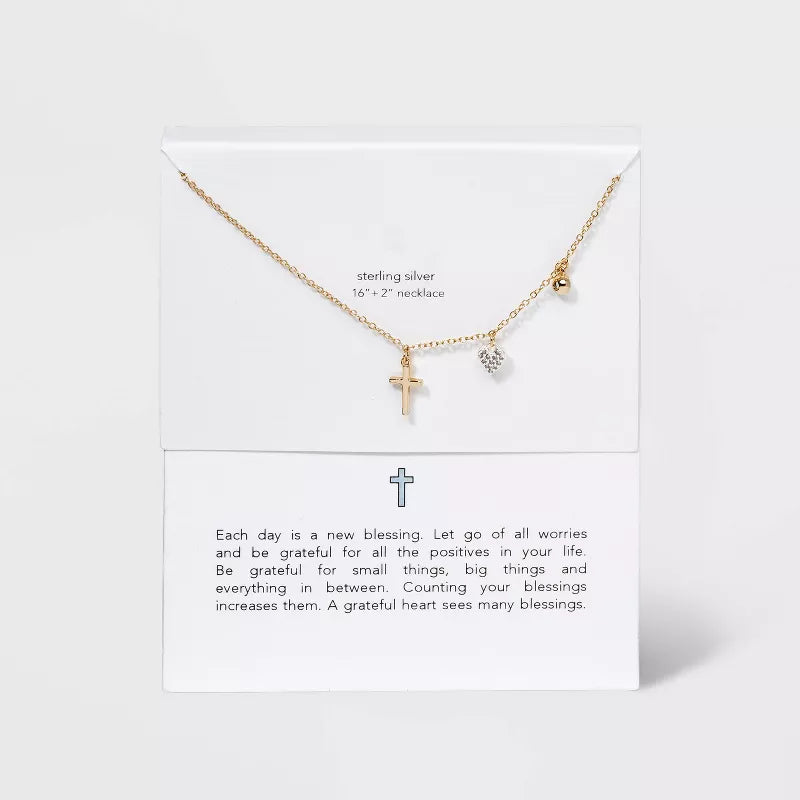 Sterling Silver Gold Dipped Cubic Zirconia Heart and Cross Chain Necklace - Gold