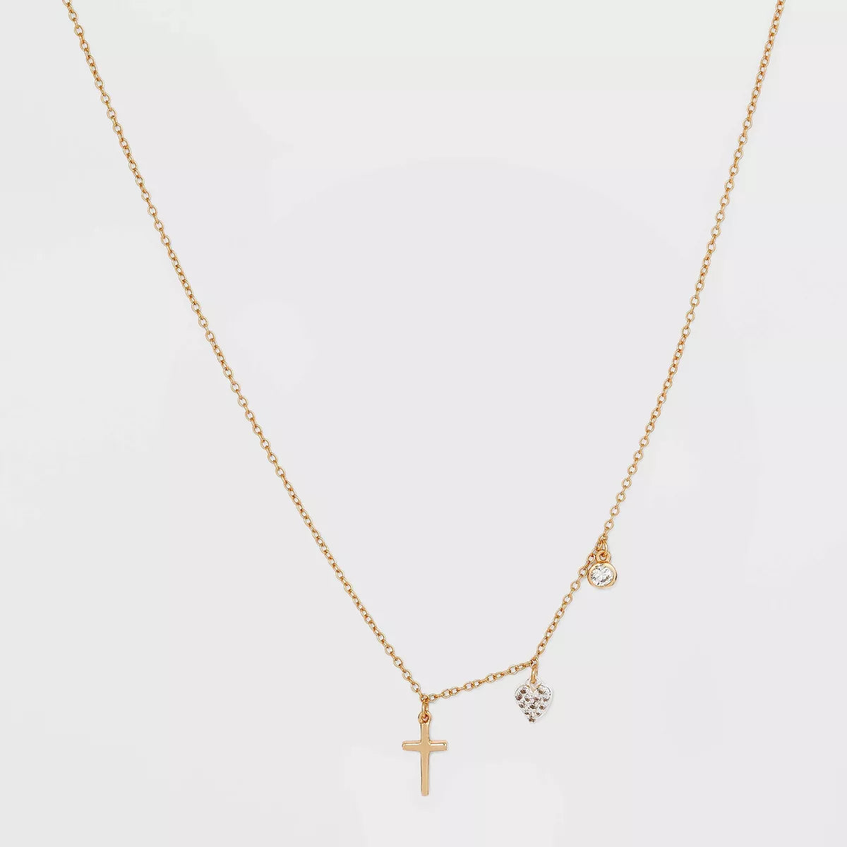 Sterling Silver Gold Dipped Cubic Zirconia Heart and Cross Chain Necklace - Gold